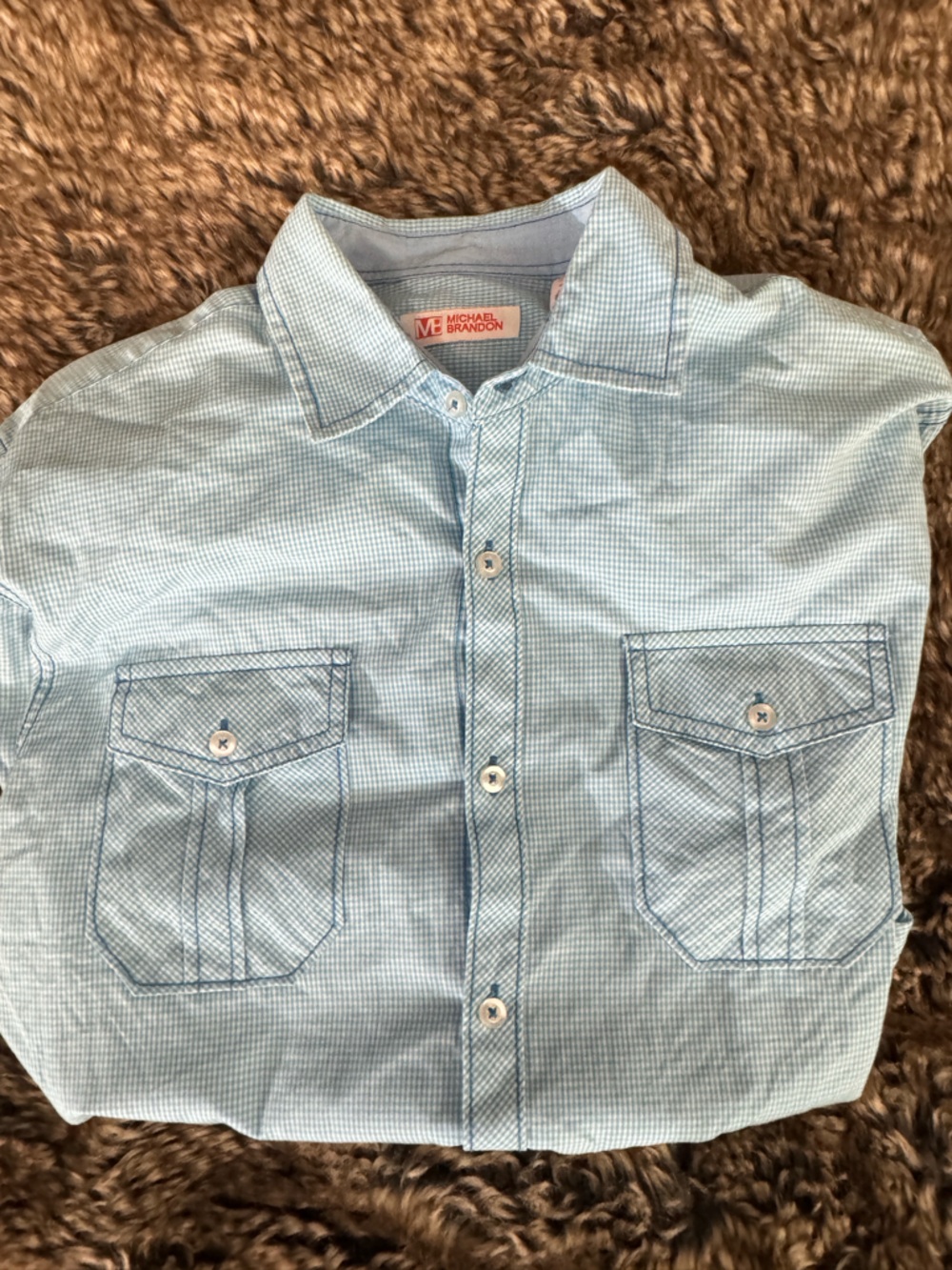 Michael Brandon Light Blue Micro-Check Casual Button-Down Shirt